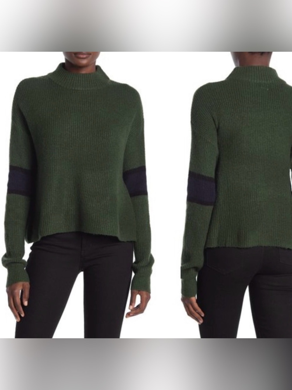 John + Jenn Olive Green Ribbed Mock Neck Sweater with Black Elbow Stripe